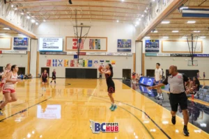 A wide open JR Basketball athlete prepares for a mid-range shot.