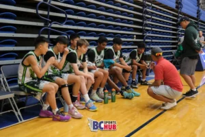 SBMC Basketball's coach addresses his team during a time out.