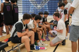 A Drive Basketball Coach talks to his team during a time out.